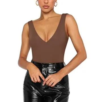 REORIA Summer Deep V Neck Sleeveless Bodysuit in X-Large
