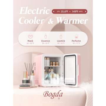 BOGDA Mini Skincare Fridge (4 Liter/6 Can) with Dimmable LED Light Mirror, Cooler and Warmer for Refrigerating Make Up, Skin Care and Food, Portable Mini Fridge for Bedroom, Office and Car, Pink