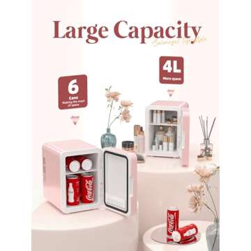 BOGDA Mini Skincare Fridge (4 Liter/6 Can) with Dimmable LED Light Mirror, Cooler and Warmer for Refrigerating Make Up, Skin Care and Food, Portable Mini Fridge for Bedroom, Office and Car, Pink
