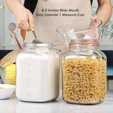 [UPGRADE] 2 Pack Square Super Wide Mouth Airtight Glass Storage Jars with Lids, 1.1 Gallon Glass Jars with 2 Measurement Marks, Canning Jars with Leak-proof Lid for Kitchen(Extra Label and Gasket)