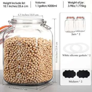 [UPGRADE] 2 Pack Square Super Wide Mouth Airtight Glass Storage Jars with Lids, 1.1 Gallon Glass Jars with 2 Measurement Marks, Canning Jars with Leak-proof Lid for Kitchen(Extra Label and Gasket)