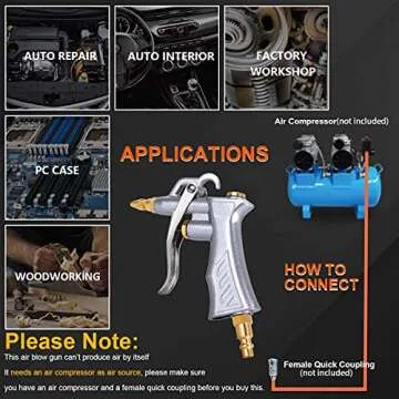 JASTIND Industrial Air Blow Gun with Brass Adjustable Air Flow Nozzle and 2 Steel Extension, Pneumatic Air Compressor Accessory Tool Dust Cleaning and Blower Gun