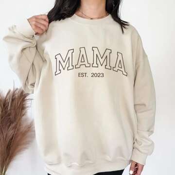 NAZENTI Embroidered Mama Crewneck Sweatshirt, Mothers Day Shirt, Mama Embroidery Crewneck Pullover, Pregnancy Reveal Gift for New Mom, Women Christmas Sweatshirt