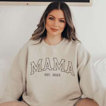 NAZENTI Embroidered Mama Crewneck Sweatshirt, Mothers Day Shirt, Mama Embroidery Crewneck Pullover, Pregnancy Reveal Gift for New Mom, Women Christmas Sweatshirt