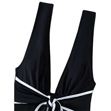 Hilinker Women's Tie Bow One Piece Swimsuit Deep V Neck Tummy Control Bathing Suit Black Medium