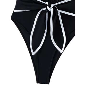 Hilinker Women's Tie Bow One Piece Swimsuit Deep V Neck Tummy Control Bathing Suit Black Medium