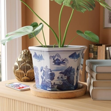 Red Lantern 10" Landscape Blue & White Porcelain Flower Pot Planter