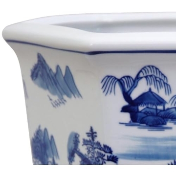 Red Lantern 10" Landscape Blue & White Porcelain Flower Pot Planter