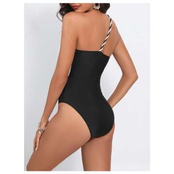 BEAUDRM Women's Colorblock One Piece Swimsuit 3D Rose One Shoulder Ruched Y2K Cut Out Bathing Suits Swimwear Beachwear Black and White Medium