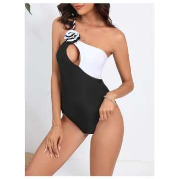 BEAUDRM Women's Colorblock One Piece Swimsuit 3D Rose One Shoulder Ruched Y2K Cut Out Bathing Suits Swimwear Beachwear Black and White Medium