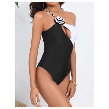 BEAUDRM Women's Colorblock One Piece Swimsuit 3D Rose One Shoulder Ruched Y2K Cut Out Bathing Suits Swimwear Beachwear Black and White Medium