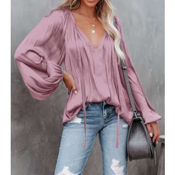 LAMISSCHE Womens Sexy Deep V Neck Blouse Lantern Long Sleeve Chiffon Shirt Oversized Drawstring Silk Satin Tunic(Pink,S)