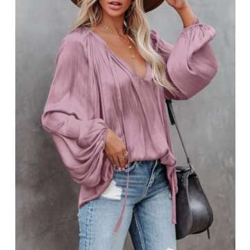 LAMISSCHE Womens Sexy Deep V Neck Blouse Lantern Long Sleeve Chiffon Shirt Oversized Drawstring Silk Satin Tunic(Pink,S)