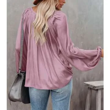 LAMISSCHE Womens Sexy Deep V Neck Blouse Lantern Long Sleeve Chiffon Shirt Oversized Drawstring Silk Satin Tunic(Pink,S)