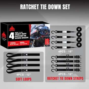 Jack Boss Ratchet Tie Down Straps Set,1500 lbs Break Strength, 1" x 15' Heavy Duty Ratchet Straps with 4X Soft Loops Padded Handles Coated S Hook, Fits for Moving Appliances Motorcycle ATV Truck,Black