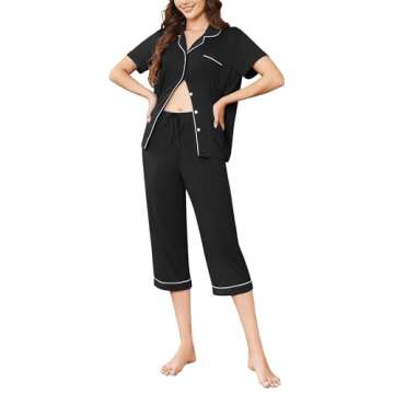 Ekouaer Capri Pajamas for Women Short Sleeve Button Down Sleepwear Comfy Lounge Set 2-Piece Pants Pj...