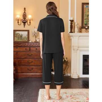Ekouaer Capri Pajamas for Women Short Sleeve Button Down Sleepwear Comfy Lounge Set 2-Piece Pants Pjs Black Medium