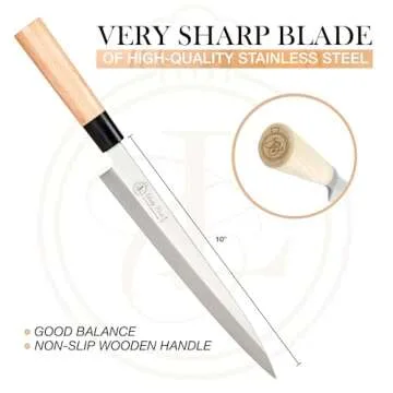 Lucky Cook Sashimi Sushi Knife 10 Inch - Knife For Cutting Sushi & Sashimi, Fish Filleting & Slicing - Very Sharp Stainless Steel Blade & Traditional Wooden Handle + Gift Box