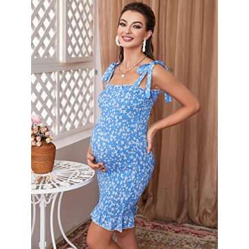 OYOANGLE Women's Maternity Ditsy Floral Print Shirred Ruffle Hem Cami Dress Square Neck Sleeveless High Waist Short Dresses Blue S