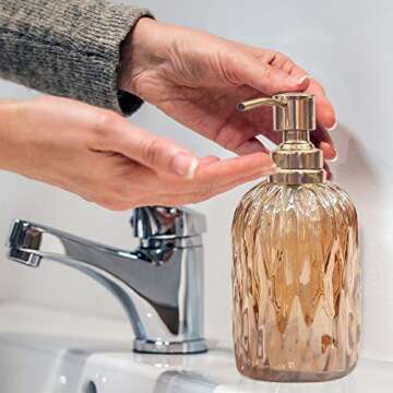 nu steel GLA328C-6 Glacier Collection Glass Finish Trim Refillable Dispenser Pump Bottle for Bathroom Vanity Countertop-Holds Lotion, Liquid Soap, Hand Sanitizer, Amber Gold
