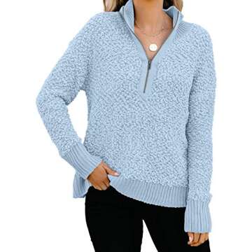 GRAPENT Women’s Casual Fuzzy Cozy Half Zip Long Sleeve Pullover Jumper Knitted Sweater Top for Fall Light Blue Small