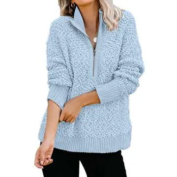 GRAPENT Women’s Casual Fuzzy Cozy Half Zip Long Sleeve Pullover Jumper Knitted Sweater Top for Fall Light Blue Small