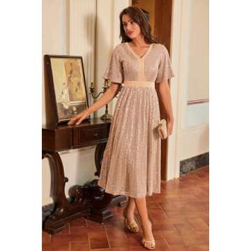 Women Sequin Ruffle Sleeve Empire Waist Evening Mother of The Bride Dress Gold L