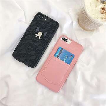 UnnFiko Leather Wallet Phone Case with Credit Card Holders, Lace Dog Pocket Cover with Card Slots for iPhone 7 Plus/iPhone 8 Plus (Pink, iPhone 7 Plus / 8 Plus)