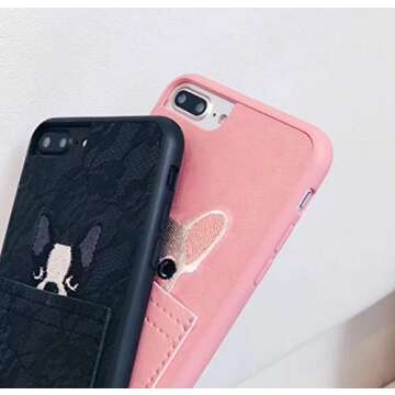 UnnFiko Leather Wallet Phone Case with Credit Card Holders, Lace Dog Pocket Cover with Card Slots for iPhone 7 Plus/iPhone 8 Plus (Pink, iPhone 7 Plus / 8 Plus)