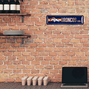 Rico Industries NFL Denver Broncos Home Décor Metal Street Sign (4" x 15") - Great for Home, Office, Bedroom, & Man Cave - Made,Silver