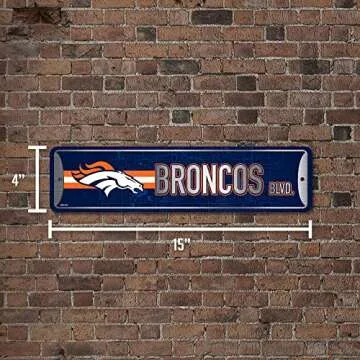 Rico Industries NFL Denver Broncos Home Décor Metal Street Sign (4" x 15") - Great for Home, Office, Bedroom, & Man Cave - Made,Silver