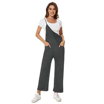 ZOOMOON Women's Loose Casual Sleeveless Adjustable Jumpsuits Stretchy Long Pants Wide Leg Rompers with Two Pockets-Gray L