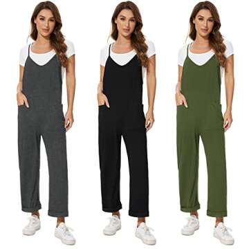 ZOOMOON Women's Loose Casual Sleeveless Adjustable Jumpsuits Stretchy Long Pants Wide Leg Rompers with Two Pockets-Gray L
