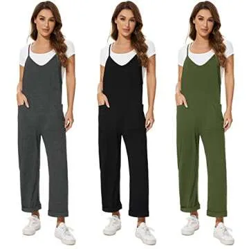 ZOOMOON Women's Loose Casual Sleeveless Adjustable Jumpsuits Stretchy Long Pants Wide Leg Rompers with Two Pockets-Gray L
