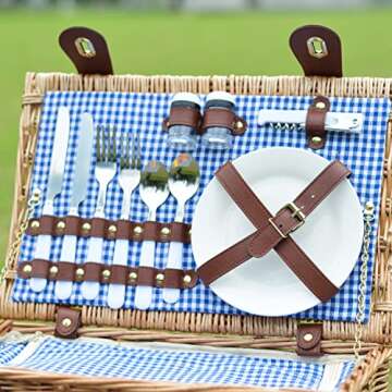 Picnic Basket for 2 Wicker Picknick Basket Set with Insulated Cooler for Camping,Couples Gifts,Wedding Gifts Blue Gingham