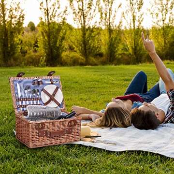 Picnic Basket for 2 Wicker Picknick Basket Set with Insulated Cooler for Camping,Couples Gifts,Wedding Gifts Blue Gingham