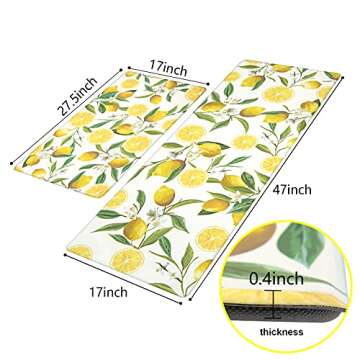 SHACOS Anti Fatigue Lemon Kitchen Rugs Mats Set of 2 Pieces Non Slip Soft Cushioned Standing Mat and Runner Wipeable Floor Mat, 17"x27.5"+17"x47", White