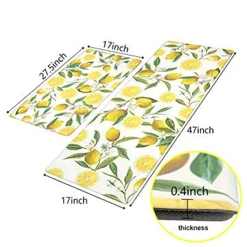 SHACOS Anti Fatigue Lemon Kitchen Rugs Mats Set of 2 Pieces Non Slip Soft Cushioned Standing Mat and Runner Wipeable Floor Mat, 17"x27.5"+17"x47", White