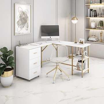 Techni Mobili L Shaped Desk - Two-Toned Computer Desk with Drawers & Storage Shelves - Simple Modern...