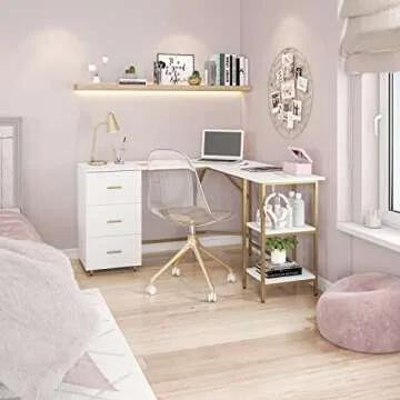 Techni Mobili L Shaped Desk - Two-Toned Computer Desk with Drawers & Storage Shelves - Simple Modern Furniture & Home Office Space Corner Table for Work & Writing