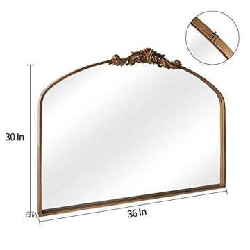 HQiJun Gold Wall Mirror, Arched Vintage Baroque Ornate Traditional Mirrors, Antique Decorative Farmhouse Brass Mirror for Living Room, Bedroom, Entryway, Bathroom Vanity, Fireplace (Gold, 30 x 36)