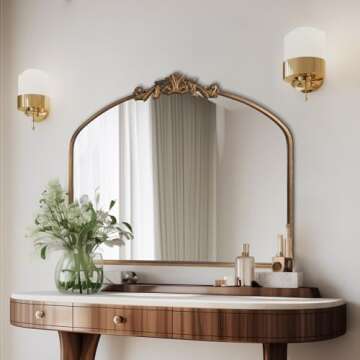 HQiJun Gold Wall Mirror, Arched Vintage Baroque Ornate Traditional Mirrors, Antique Decorative Farmhouse Brass Mirror for Living Room, Bedroom, Entryway, Bathroom Vanity, Fireplace (Gold, 30 x 36)