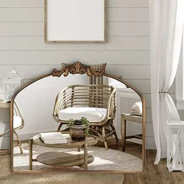 HQiJun Gold Wall Mirror, Arched Vintage Baroque Ornate Traditional Mirrors, Antique Decorative Farmhouse Brass Mirror for Living Room, Bedroom, Entryway, Bathroom Vanity, Fireplace (Gold, 30 x 36)