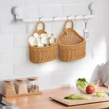 Ipetboom Plastic Woven Wall Hanging Basket: Rustic Wicker Garlic Potato Onion Fruit Flower Storage wall Basket Kitchen Vegetable Keeper Organizer holder Bin for kitchen boho wall decor, 9.3X7.5X4.7In
