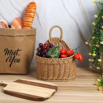 Ipetboom Plastic Woven Wall Hanging Basket: Rustic Wicker Garlic Potato Onion Fruit Flower Storage wall Basket Kitchen Vegetable Keeper Organizer holder Bin for kitchen boho wall decor, 9.3X7.5X4.7In