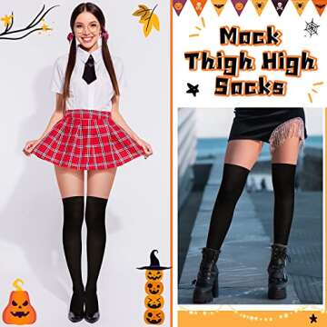 Foaincore 4 Pairs Mock Thigh High Tight Suspender Pantyhose Sock for Women Footed Tights High Waist Pantyhose for Women Girls (Skin, Black)