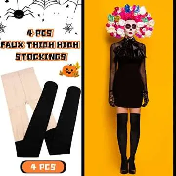 Foaincore 4 Pairs Mock Thigh High Tight Suspender Pantyhose Sock for Women Footed Tights High Waist Pantyhose for Women Girls (Skin, Black)