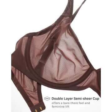 INLYRIC Women's Mesh Balconette Bra Sexy Demi Supportive Comfortable Seamless Underwire Unlined Sheer Bras Hazelnut - Sheer 34DD