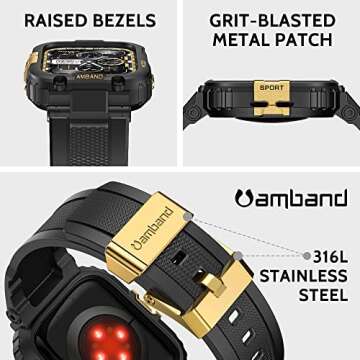 amBand Bands for Apple Watch 9/8/7 45mm Rugged Case Black Gold