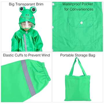 SSAWcasa Kids Rain Wear,3D Cartoon Children Toddler Raincoat Jacket Poncho for Boy Girl (L, Green)